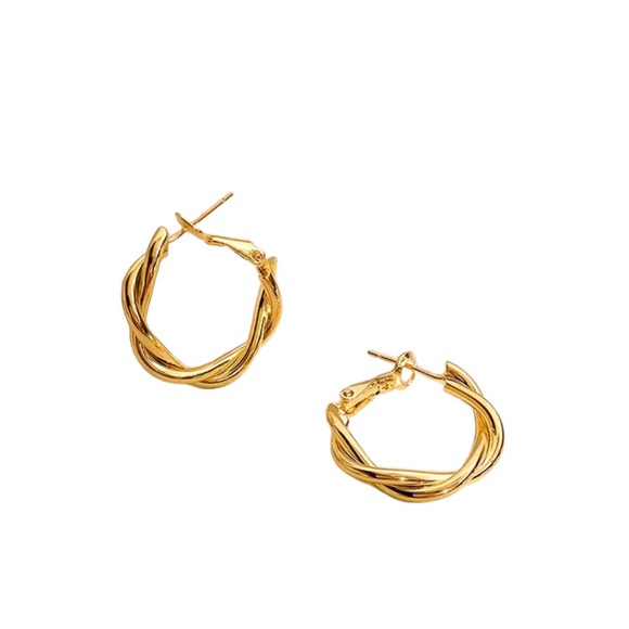 Gold Twisted Drop Hoop Earrings - Picture 2 of 6